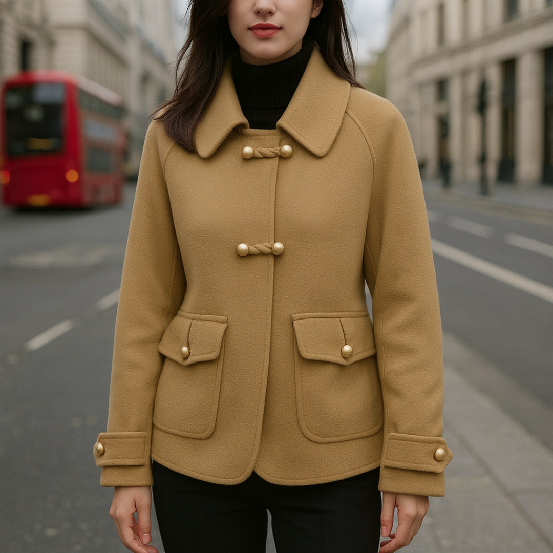 beige coat with pearl buttons stands on the street, showcasing a stylish A-line silhouette and turn-down collar.