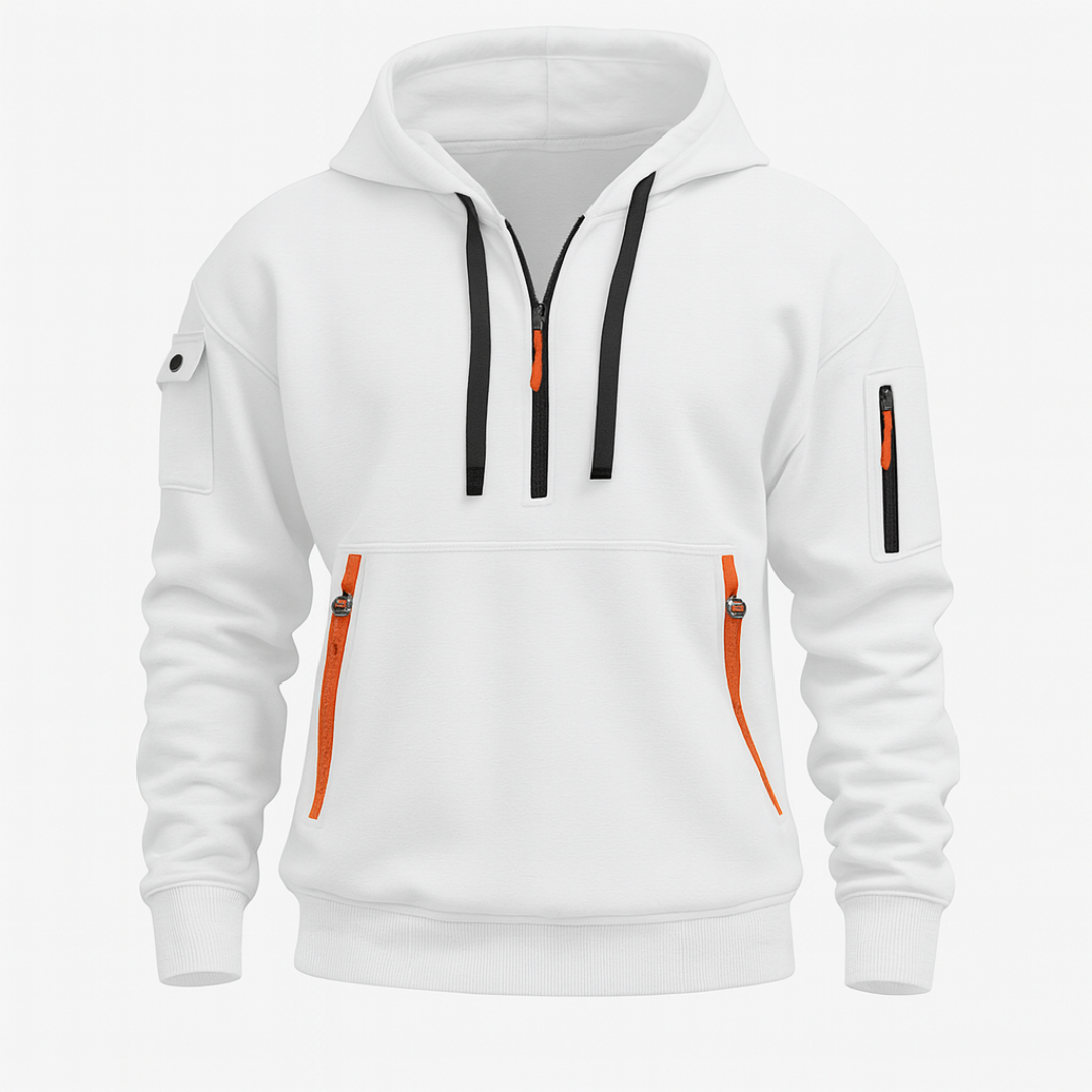  White hoodie mockup featuring an orange zipper, showcasing a modern design with a half-zip hooded neckline.