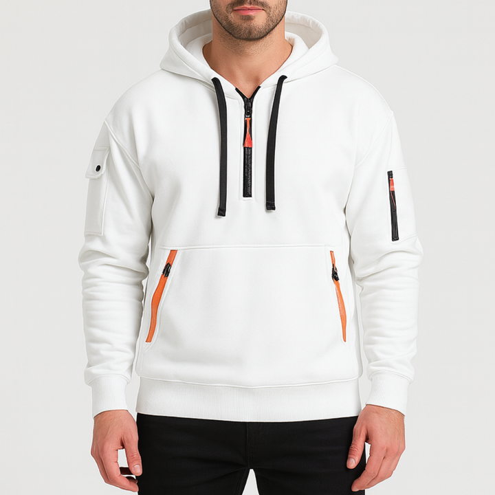  White hoodie mockup featuring an orange zipper, showcasing a modern design with a half-zip hooded neckline.