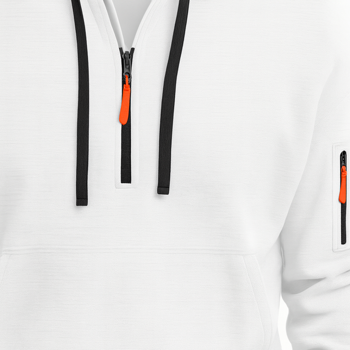  White hoodie mockup featuring an orange zipper, showcasing a modern design with a half-zip hooded neckline.