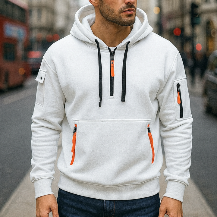  White hoodie mockup featuring an orange zipper, showcasing a modern design with a half-zip hooded neckline.