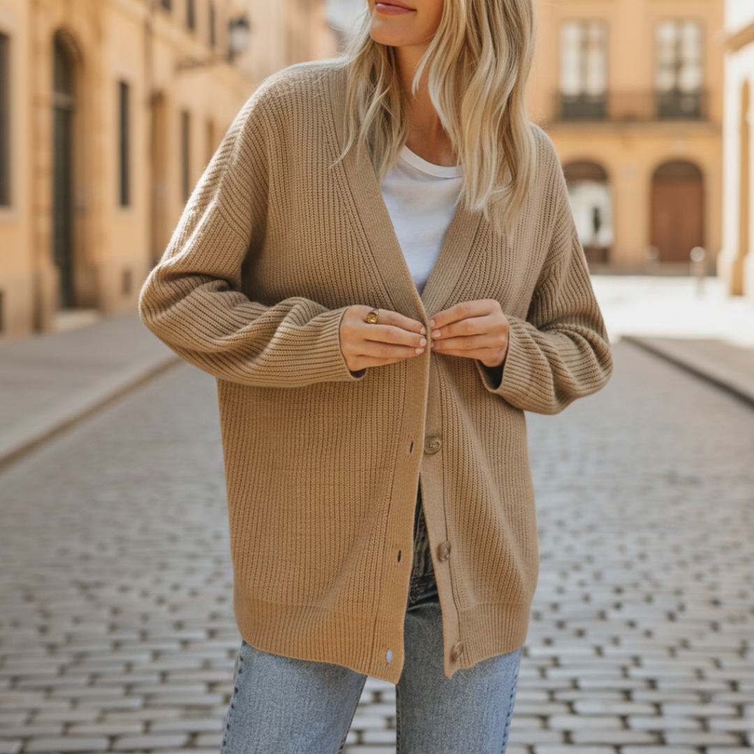 Knit Cardigan in soft cashmere, featuring a relaxed fit, button closure, and long sleeves for versatile cool-weather wear.