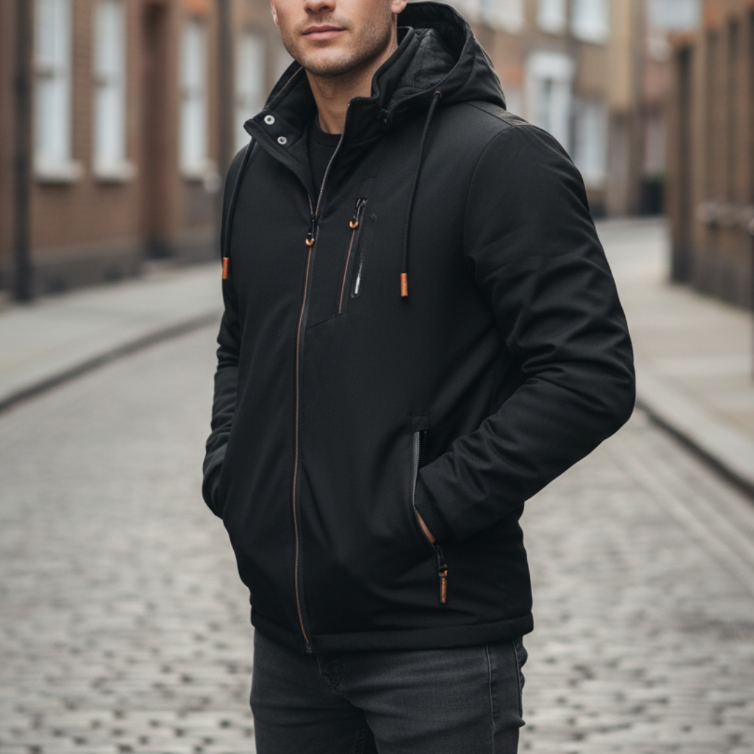 Men's hooded jacket with zipper pockets, featuring a structured zip-front design and high collar for active fall and spring wear.