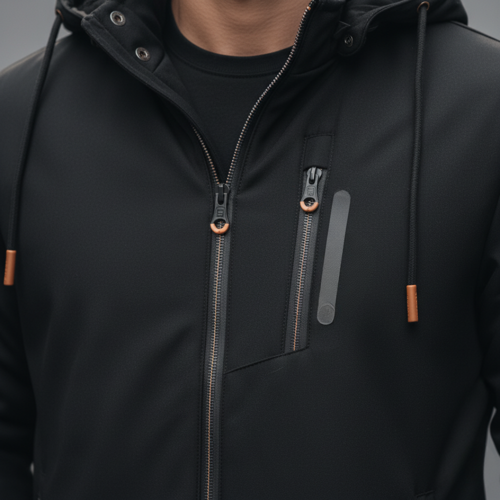 Men's hooded jacket with zipper pockets, featuring a structured zip-front design and high collar for active fall and spring wear.