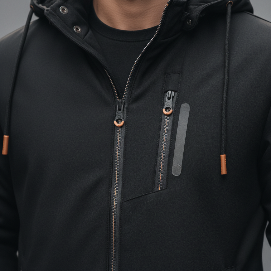 Men's hooded jacket with zipper pockets, featuring a structured zip-front design and high collar for active fall and spring wear.
