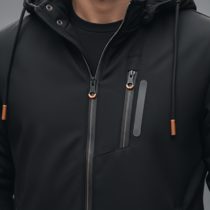 Men's hooded jacket with zipper pockets, featuring a structured zip-front design and high collar for active fall and spring wear.