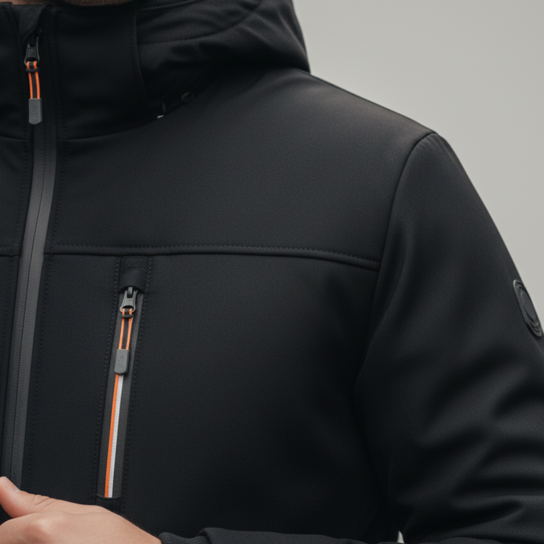 Men's hooded jacket with zipper pockets, featuring a structured zip-front design and high collar for active fall and spring wear.