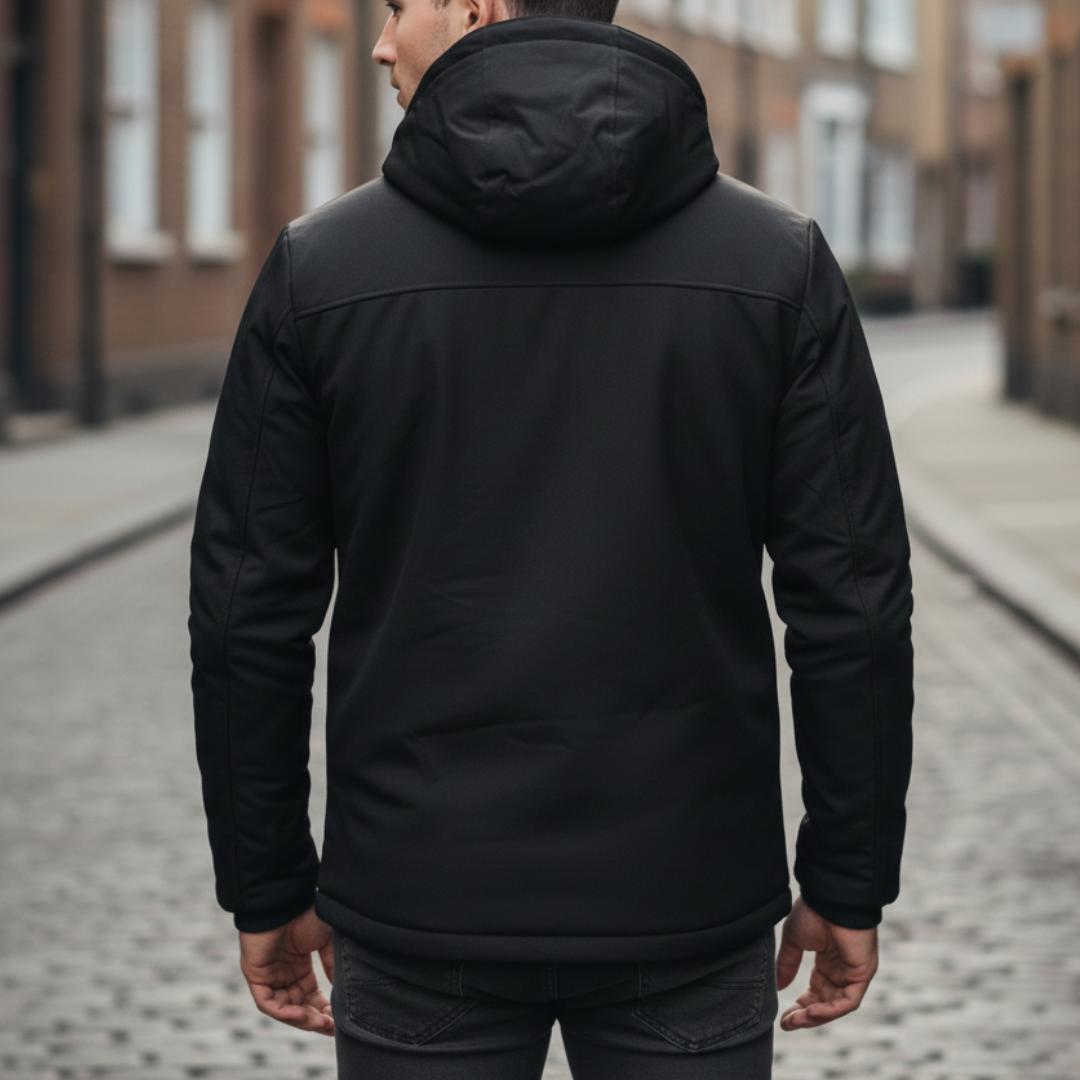 Men's hooded jacket with zipper pockets, featuring a structured zip-front design and high collar for active fall and spring wear.