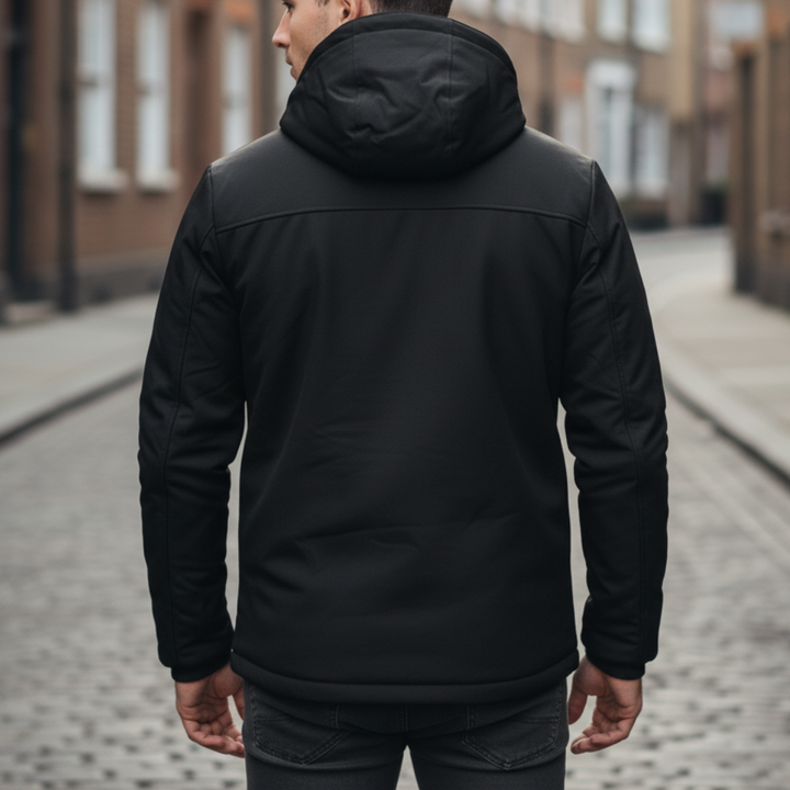 Men's hooded jacket with zipper pockets, featuring a structured zip-front design and high collar for active fall and spring wear.