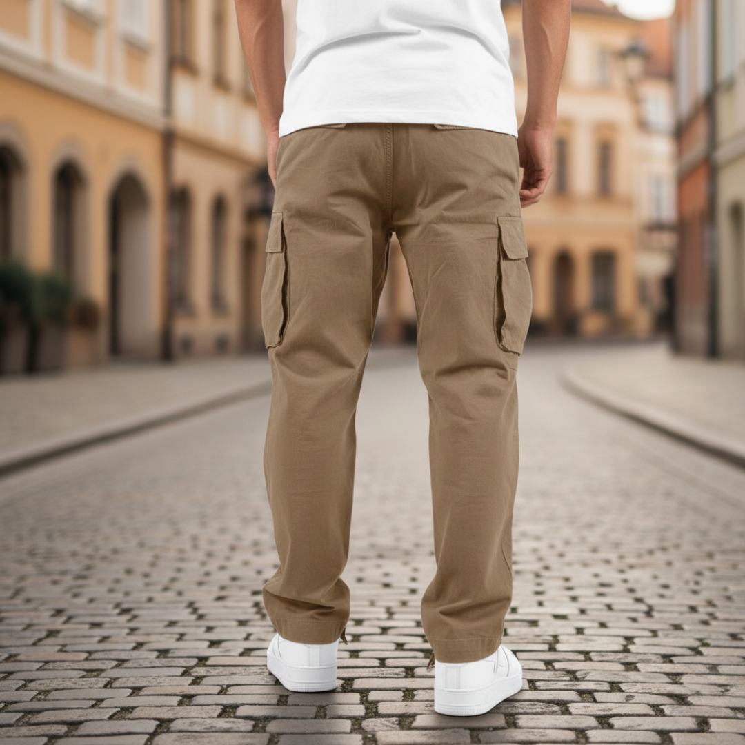  A man wearing khaki cargo pants with multiple pockets, showcasing a modern style for casual wear.