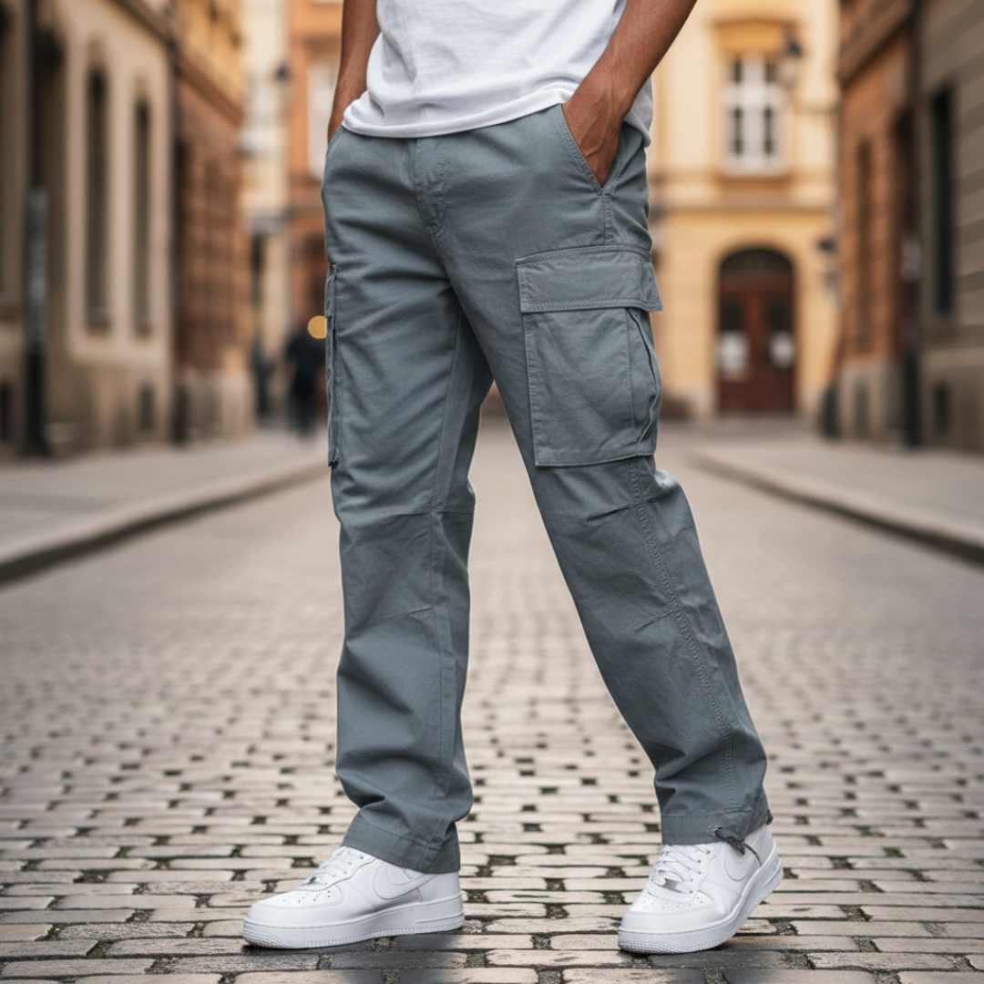  A man wearing grey cargo pants with multiple pockets, showcasing a modern style for casual wear.