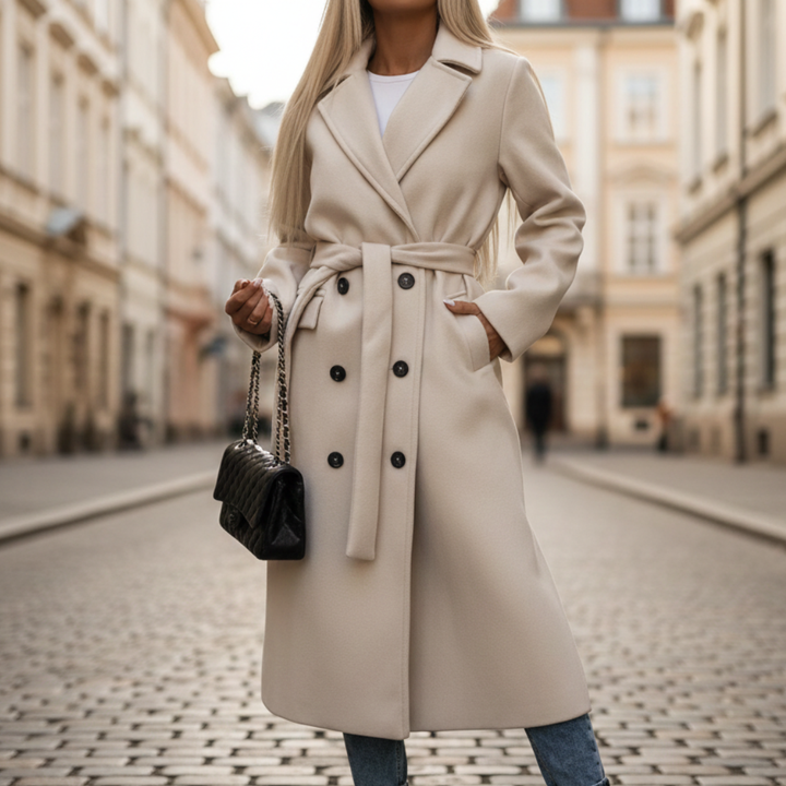 A woman wearing a beige belted trench coat highlighting a refined look.