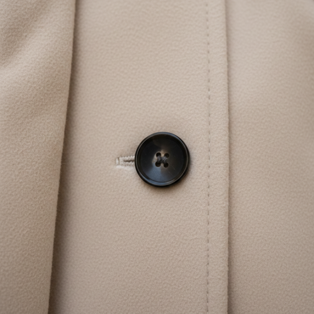 Close up look of a beige belted trench coat highlighting a refined look.