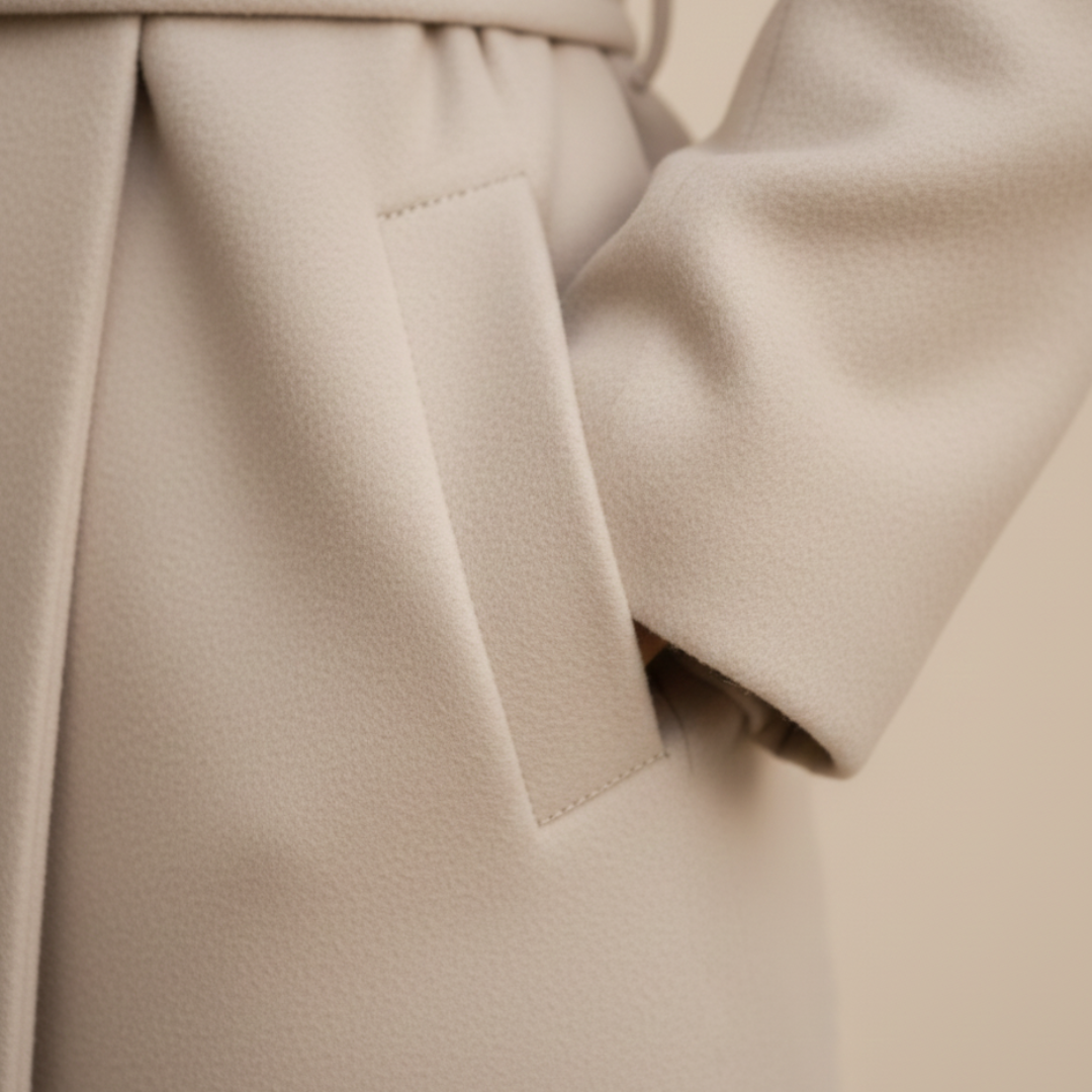 Close up look of a beige belted trench coat highlighting a refined look.