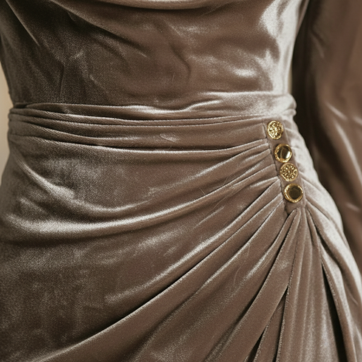 Close-up brown velvet dress with long sleeves and a draped neckline, showcasing for fall and winter occasions.