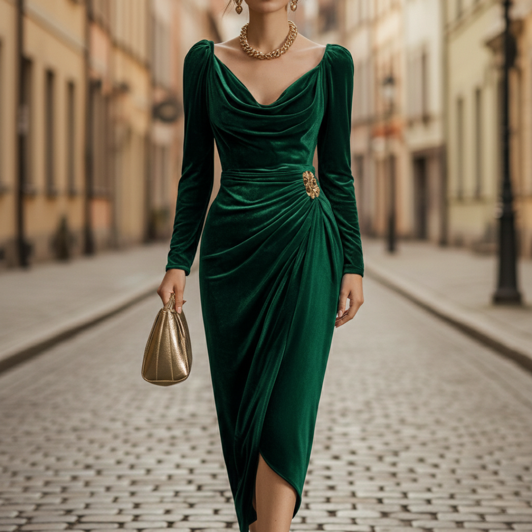 A woman in a green velvet dress with long sleeves and a draped neckline, showcasing for fall and winter occasions.