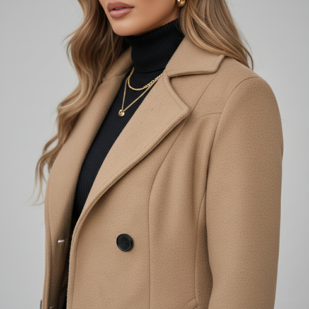 Close-up look of a woman wearing a khaki longline wool coat, showcasing a sleek double-breasted design and tailored silhouette.