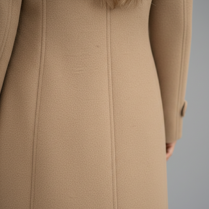 Close-up, Back details of a woman wearing a khaki longline wool coat, showcasing a sleek double-breasted design and tailored silhouette.