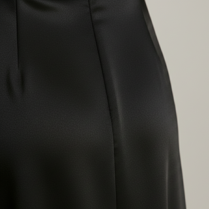 midi dress with long sleeves and high neck, featuring a gently cinched waist and flowing skirt for elegant movement.