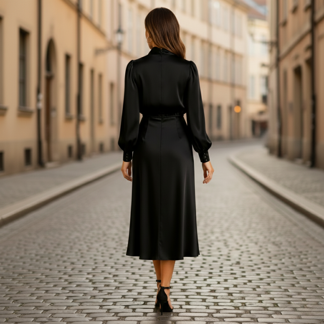 midi dress with long sleeves and high neck, featuring a gently cinched waist and flowing skirt for elegant movement.