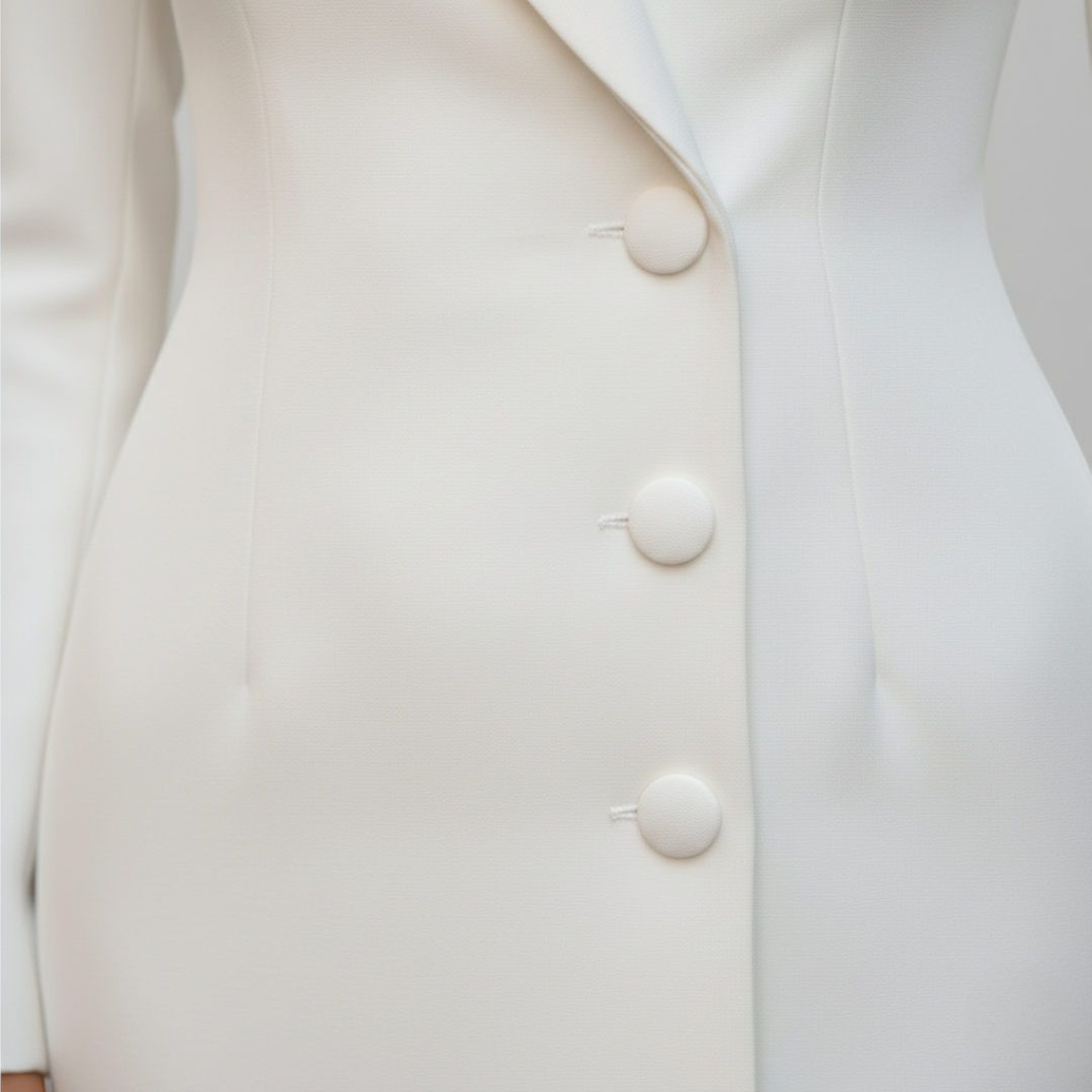 Front look of a white midi dress with buttons, showcasing modern sophistication.