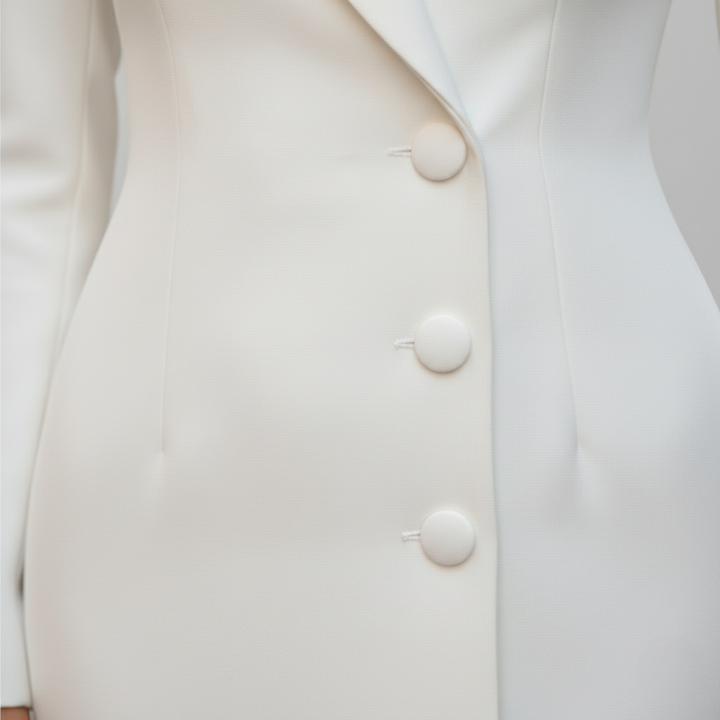 Front look of a white midi dress with buttons, showcasing modern sophistication.