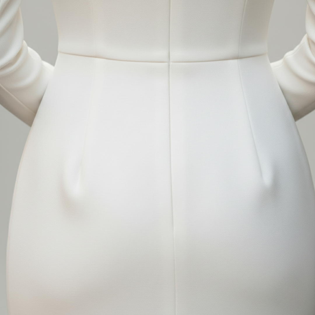 Back detailed look of a white midi dress, showcasing modern sophistication.