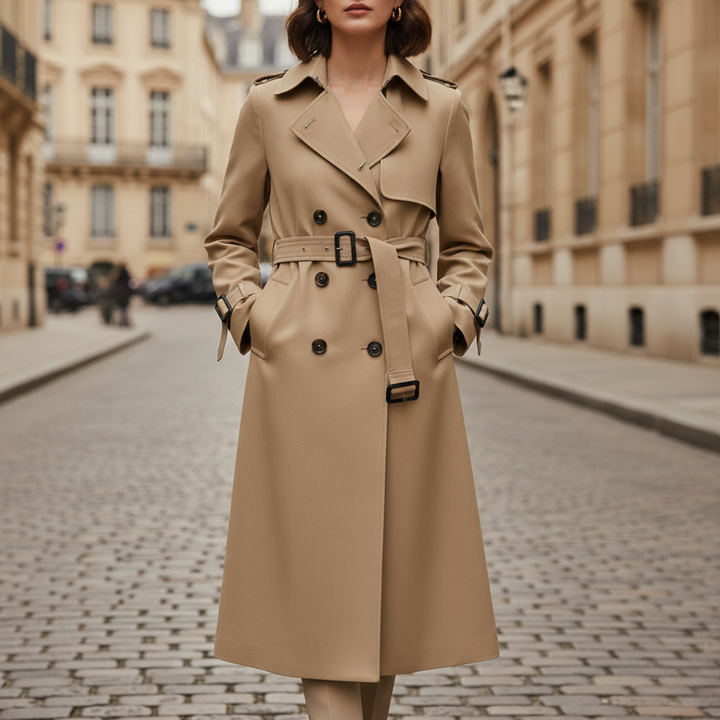 Women's trench coat with a check design, long sleeves, and a defined waist, good for fall and spring layering.