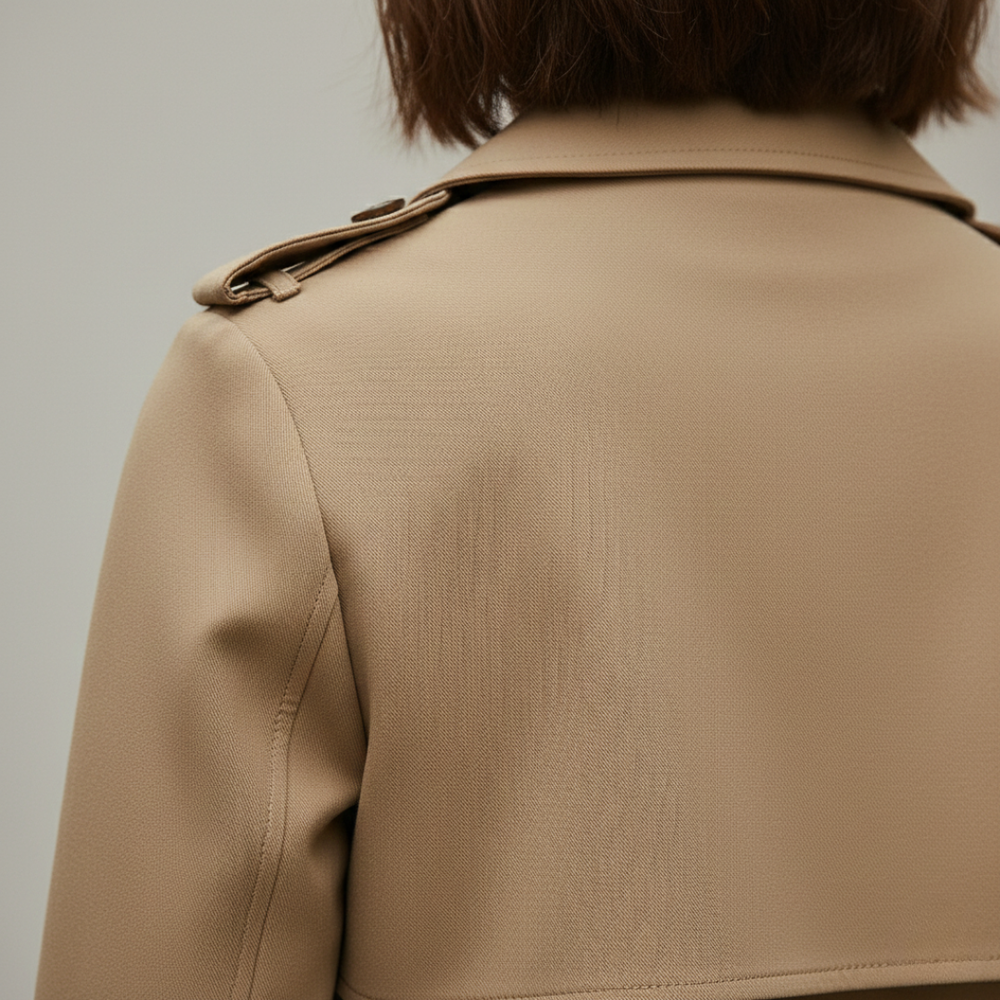 Back details of a trench coat with a check design, long sleeves, and a defined waist, ideal for fall and spring layering.