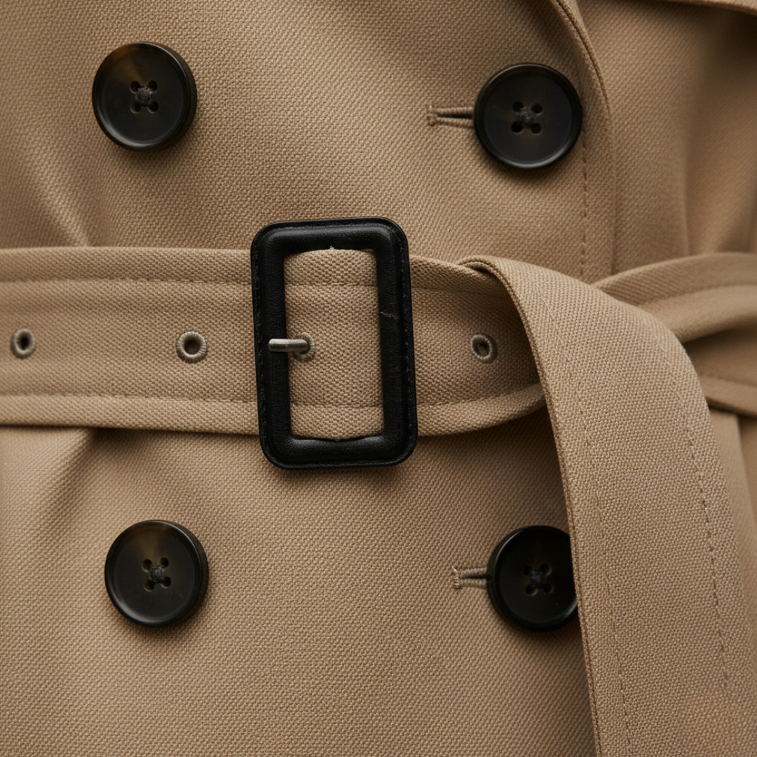Close-up details of women's trench coat with a check design, long sleeves, and a defined waist, ideal for fall and spring layering.
