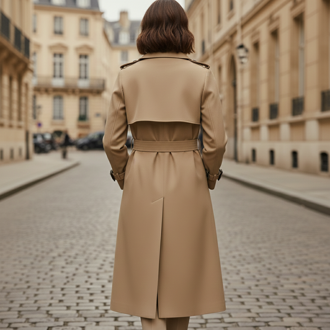 Back details of women's trench coat with a check design, long sleeves, and a defined waist.
