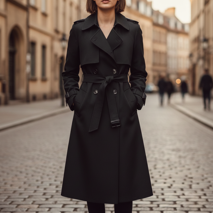 Women's black trench coat with a check design, long sleeves, and a defined waist.