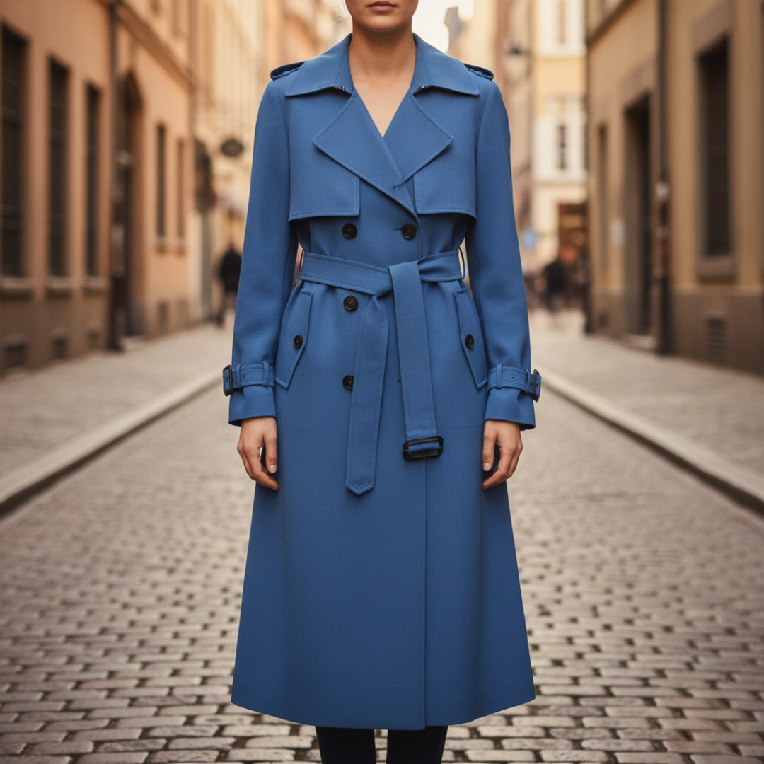 Women's blue trench coat with a check design, long sleeves, and a defined waist.