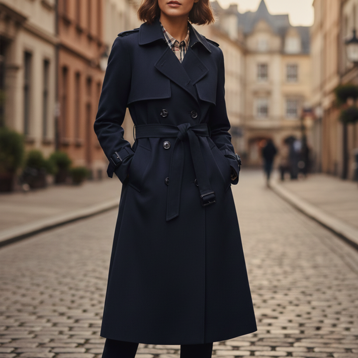 Women's dark blue  trench coat with a check design, long sleeves, and a defined waist.