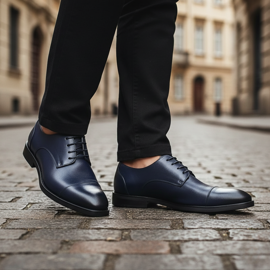 A blue leather derby shoes highlighting their classic lace-up style and polished look.