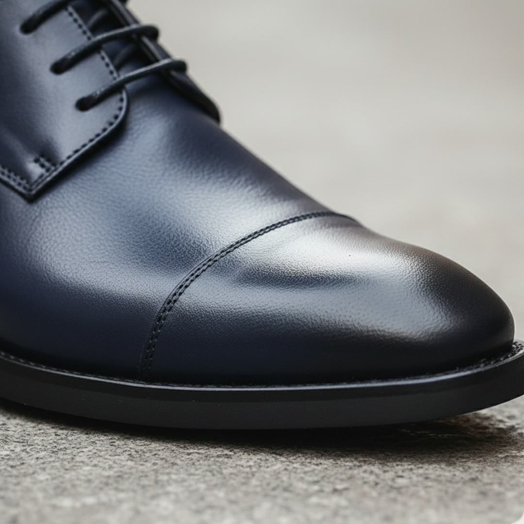 Close up details of a blue leather derby shoes highlighting their classic lace-up style and polished look.