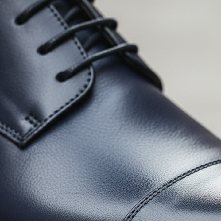 Close up details of a blue leather derby shoes highlighting their classic lace-up style and polished look.
