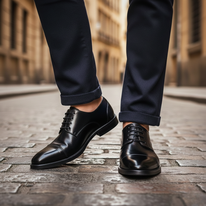 A black leather derby shoes highlighting their classic lace-up style and polished look.