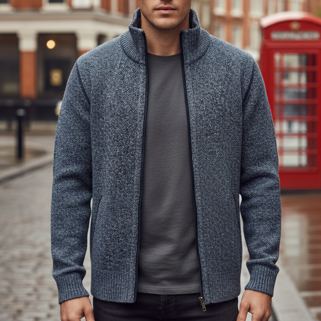 Blue men's zip sweater jacket with a textured finish and plaid collar, ideal for cool weather and versatile layering.
