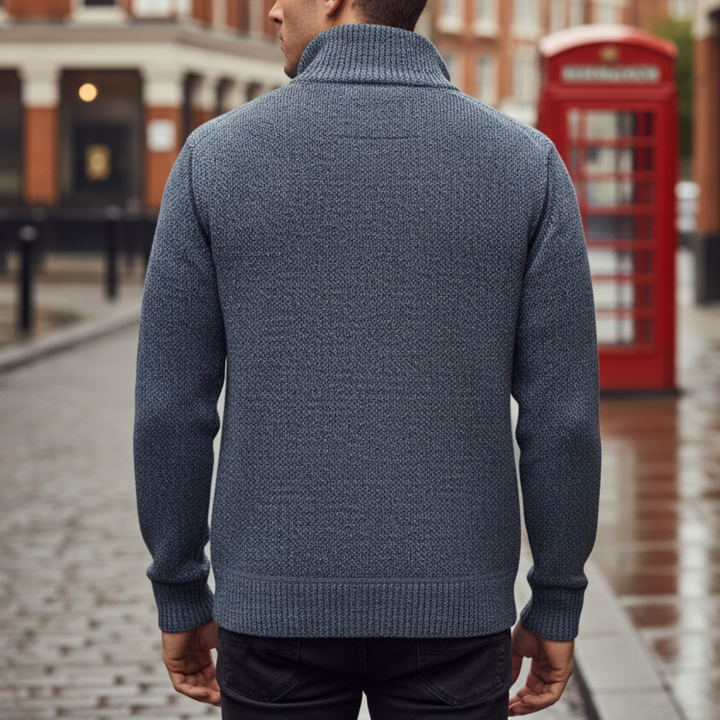 Men's zip sweater jacket back-detailed with a textured  finish and plaid collar, ideal for cool weather and versatile layering.