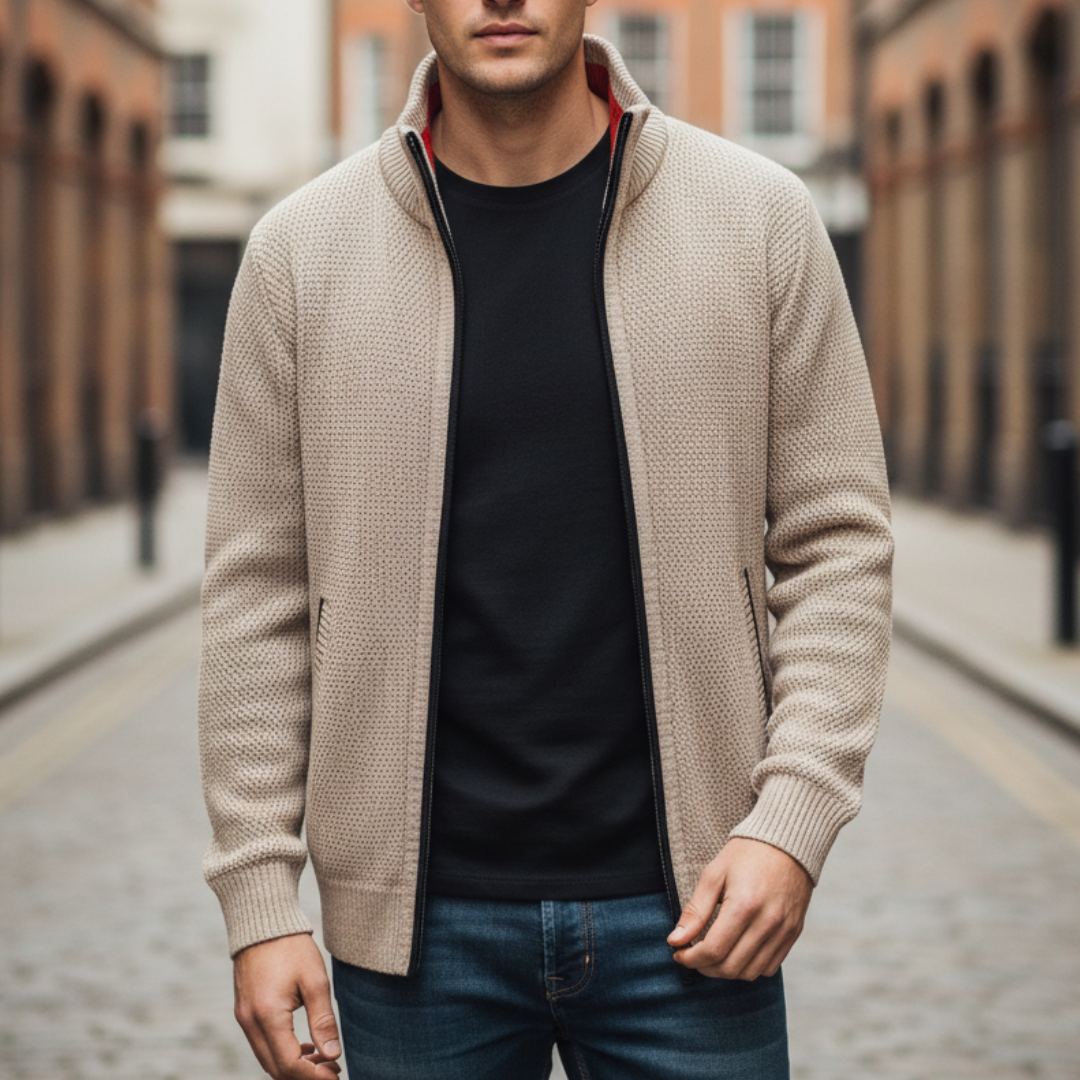 Beige men's zip sweater jacket with a textured finish and plaid collar, ideal for cool weather and versatile layering.