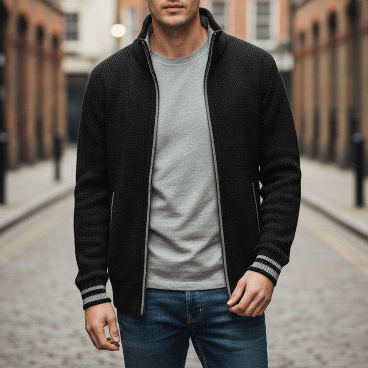 Black men's zip sweater jacket with a textured finish and plaid collar, ideal for cool weather and versatile layering.