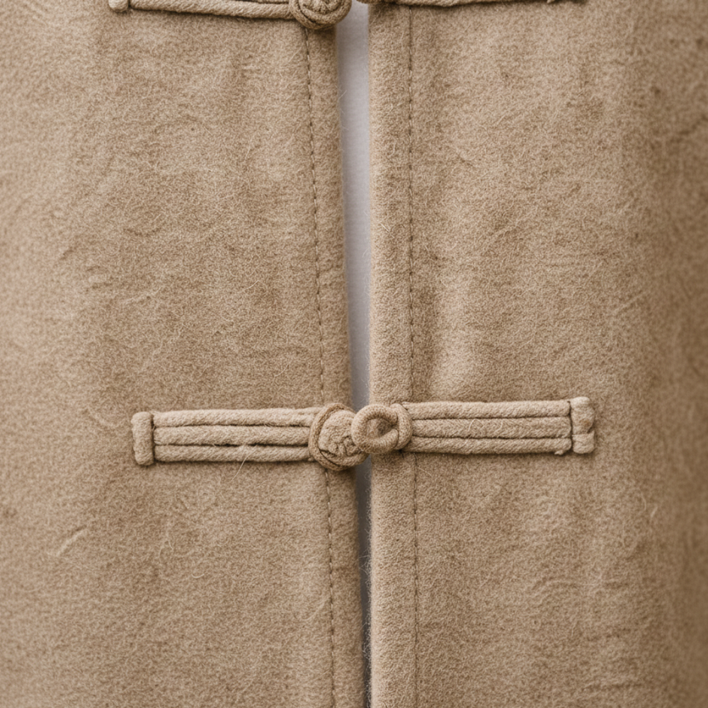 A man wearing a beige jacket stands on a street, featuring a clean silhouette and long sleeves, good for transitional weather.