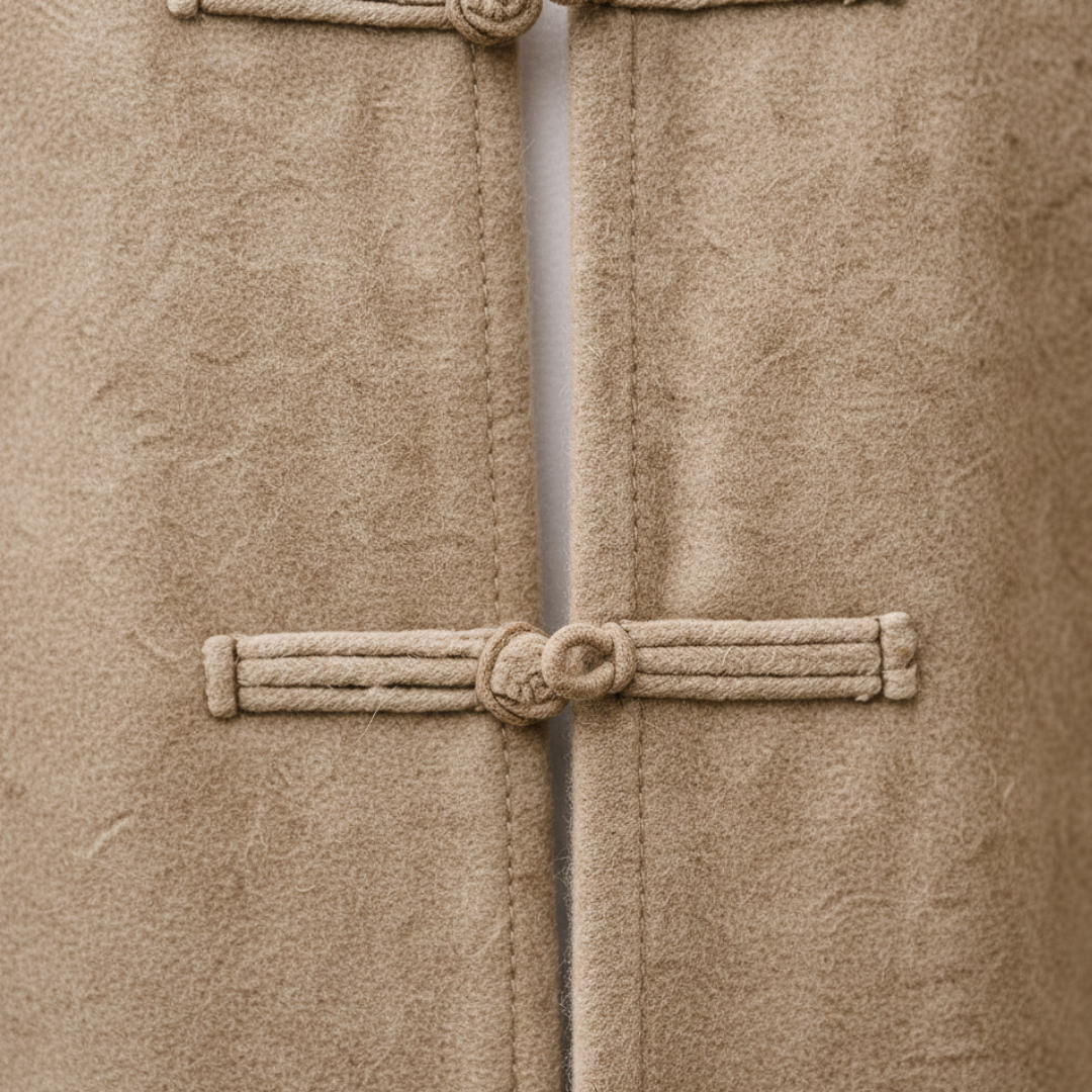 A man wearing a beige jacket stands on a street, featuring a clean silhouette and long sleeves, good for transitional weather.