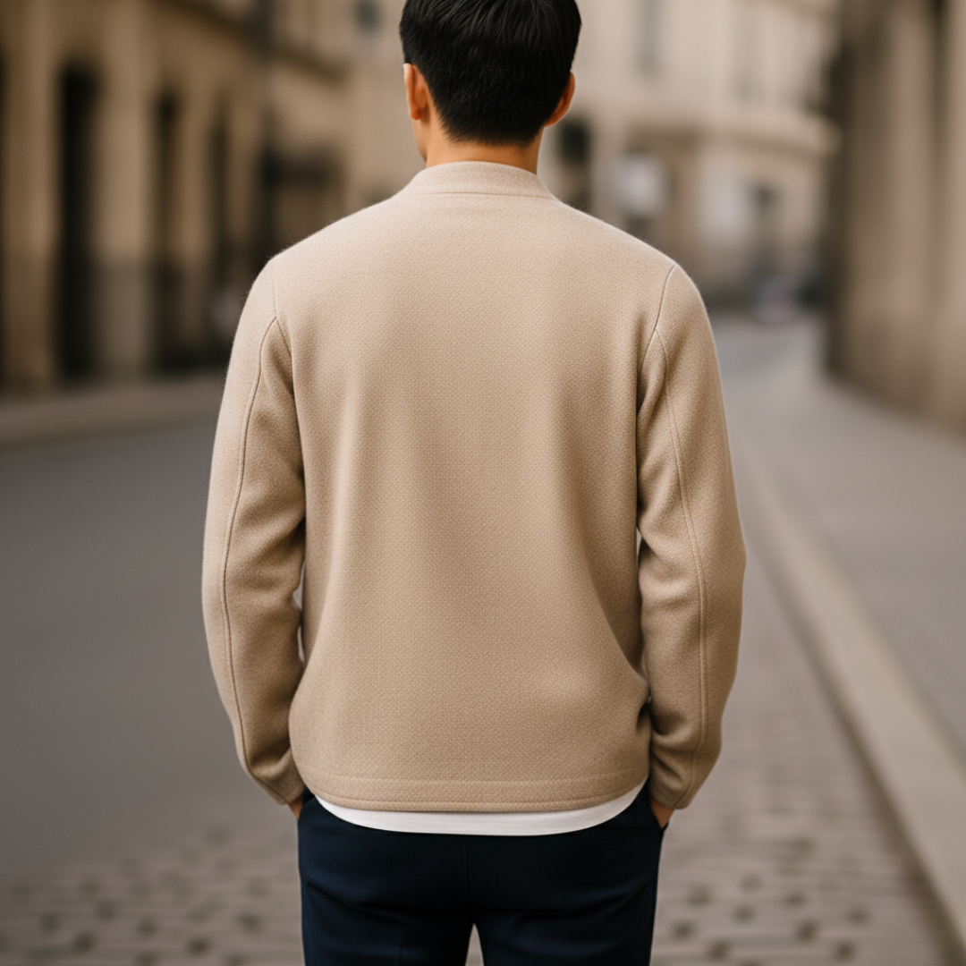A man wearing a beige jacket stands on a street, featuring a clean silhouette and long sleeves, good for transitional weather.