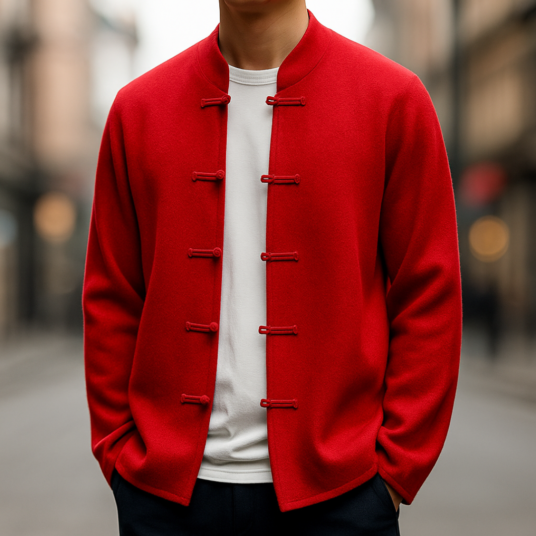 A man wearing a red jacket stands on a street, featuring a clean silhouette and long sleeves, good for transitional weather.