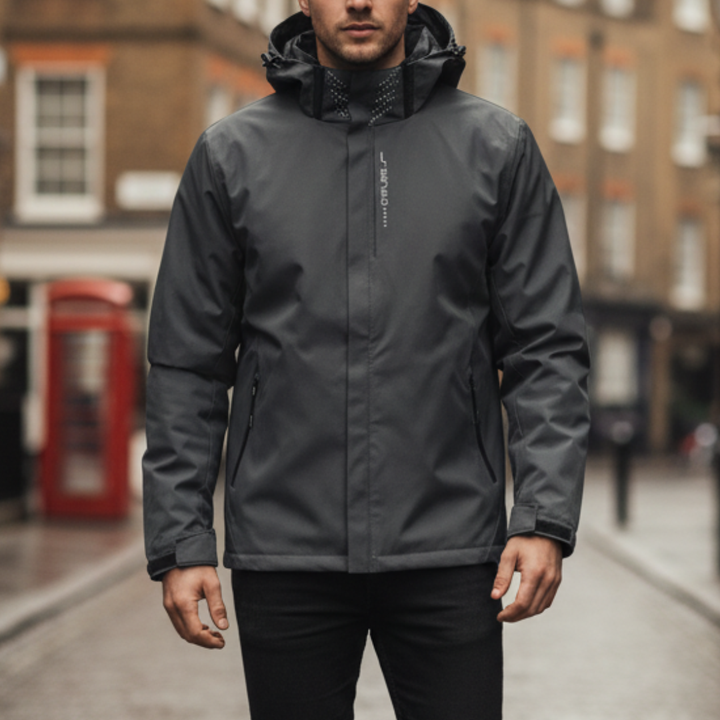 Men's waterproof jacket with hood, featuring a sleek design, adjustable cuffs, and high collar for fall and spring wear.