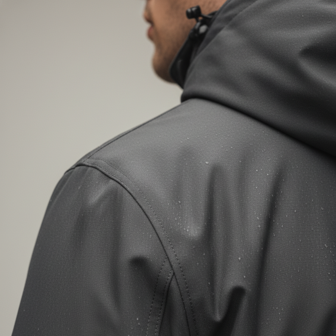 Men's waterproof jacket with hood, featuring a sleek design, adjustable cuffs, and high collar for fall and spring wear.