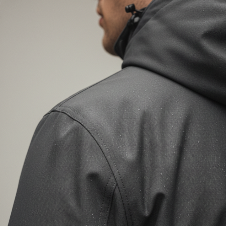 Men's waterproof jacket with hood, featuring a sleek design, adjustable cuffs, and high collar for fall and spring wear.