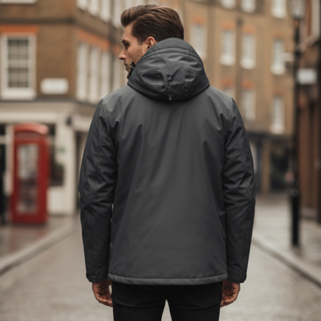Men's waterproof jacket with hood, featuring a sleek design, adjustable cuffs, and high collar for fall and spring wear.